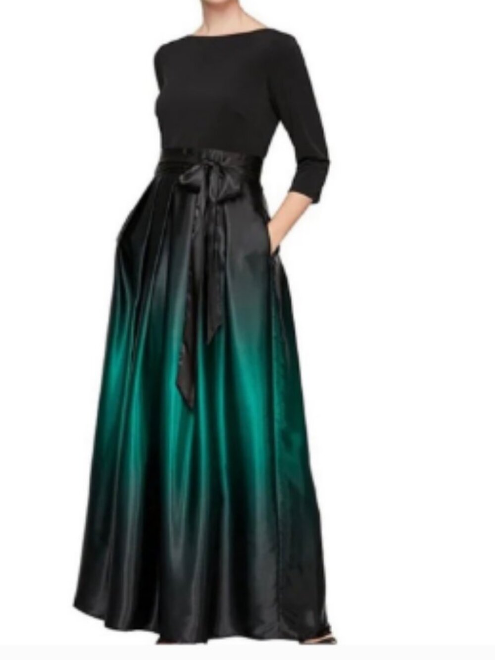 Ignite Evenings NEW Size 18 Ombre Satin Boat Neck Ball Gown Black Green Formal
